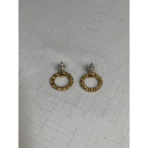 Gold-Tone Earrings Women's Jewelry Textured Round Stud Hoop Transparent Backs - Picture 2 of 3